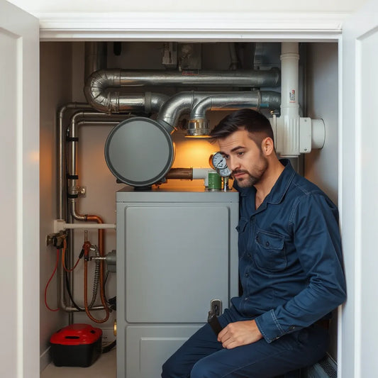 HVAC technician inspecting a furnace/boiler during heating service in a clean utility room