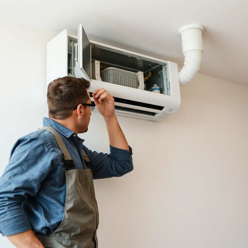 Technician inspecting an indoor HVAC air handler with visible vent and ductwork in a modern home
