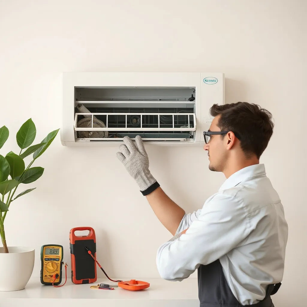 HVAC technician inspecting an indoor wall-mounted air conditioner with service tools during maintenance